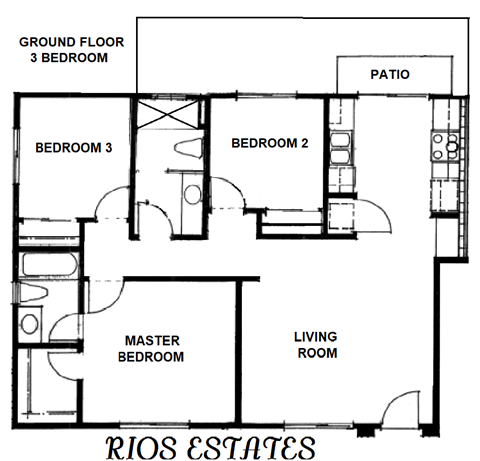 floor plan of the first floor of a house with bedrooms and a living room